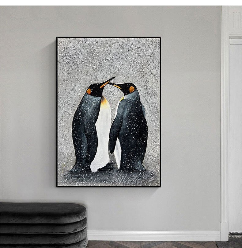 Abstract Penguin Oil painting on Canvas, Large Original Penguin Canvas Wall Art, Modern Animal Painting for Living Room, Art…