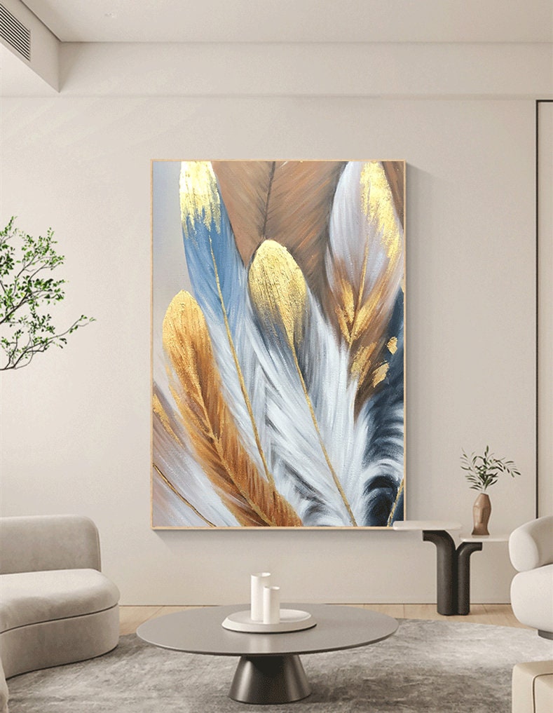 Large Abstract Feather Oil Painting on Canvas, Original Blue Gold Bird Feather Textured Acrylic Painting Boho Wall Art Living…