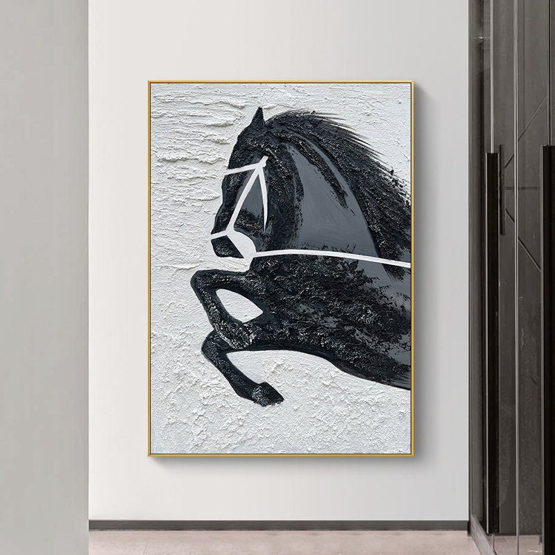 Hand-Painted Original Horse Oil Painting, Black and White Horse Canvas Art, Large Animal Painting on Canvas, Modern Horse…