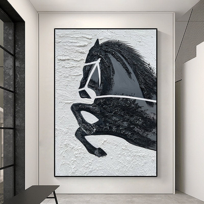 Hand-Painted Original Horse Oil Painting, Black and White Horse Canvas Art, Large Animal Painting on Canvas, Modern Horse…