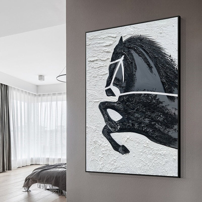 Hand-Painted Original Horse Oil Painting, Black and White Horse Canvas Art, Large Animal Painting on Canvas, Modern Horse…