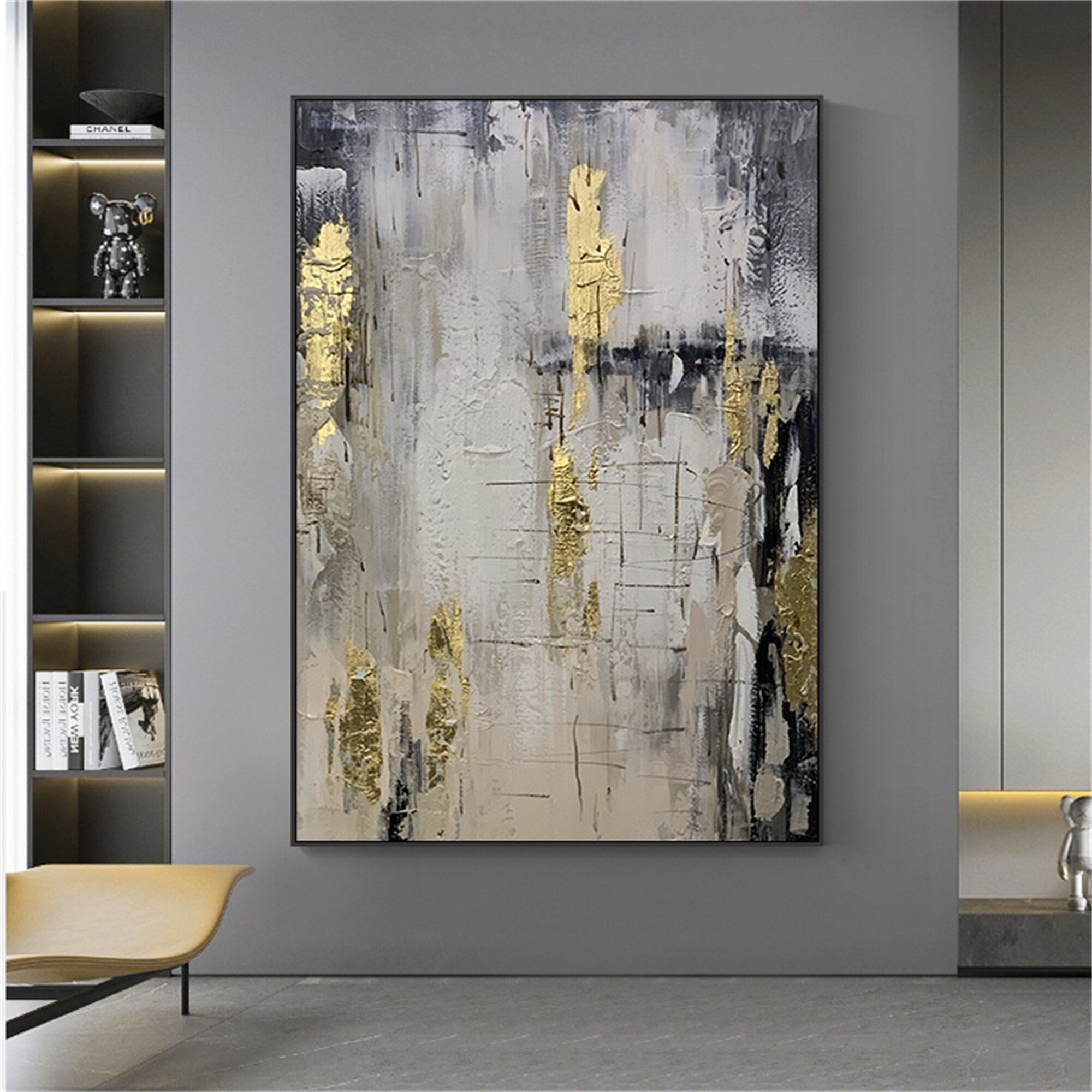 Large coarse texture black and white gold foil abstract oil painting on the canvas, primitive minimalist canvas wall art