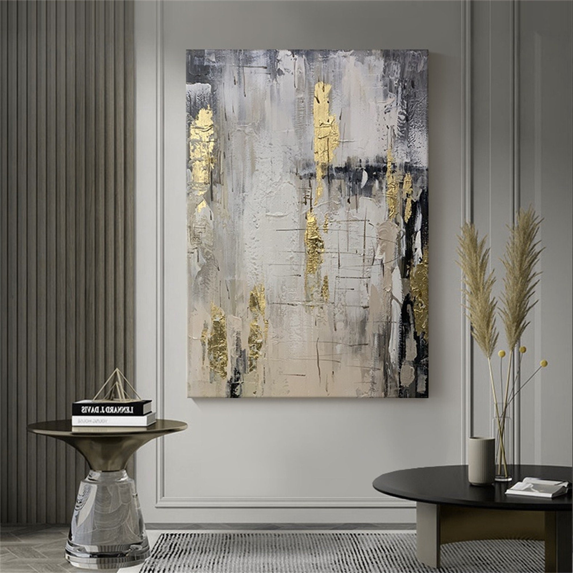 Large coarse texture black and white gold foil abstract oil painting on the canvas, primitive minimalist canvas wall art