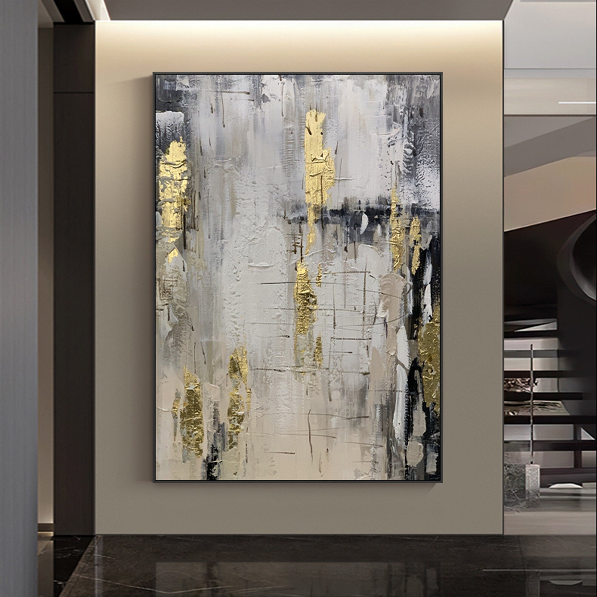 Large coarse texture black and white gold foil abstract oil painting on the canvas, primitive minimalist canvas wall art