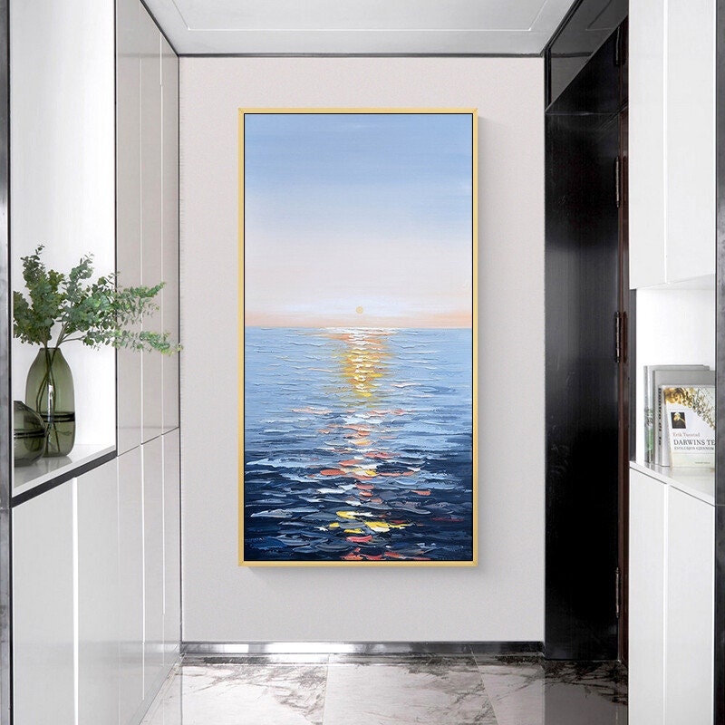 Sunrise Oil Painting on Canvas, Extra Large Sunrise Canvas Painting, Modern Abstract Acrylic Wall Art, Seascape Artwork for…