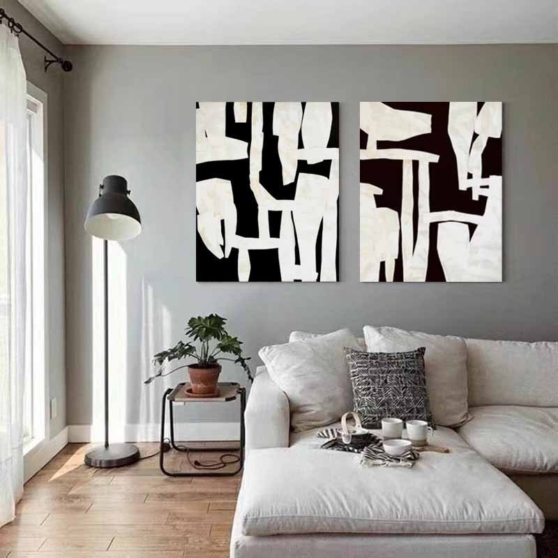 Black and White Abstract Wall Art, Framed Hand-Painted Abstract Canvas Painting, Original Art for Bedroom Living Room Office