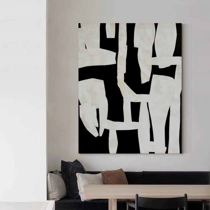 Black and White Abstract Wall Art, Framed Hand-Painted Abstract Canvas Painting, Original Art for Bedroom Living Room Office