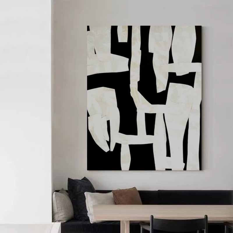 Black and White Abstract Wall Art, Framed Hand-Painted Abstract Canvas Painting, Original Art for Bedroom Living Room Office