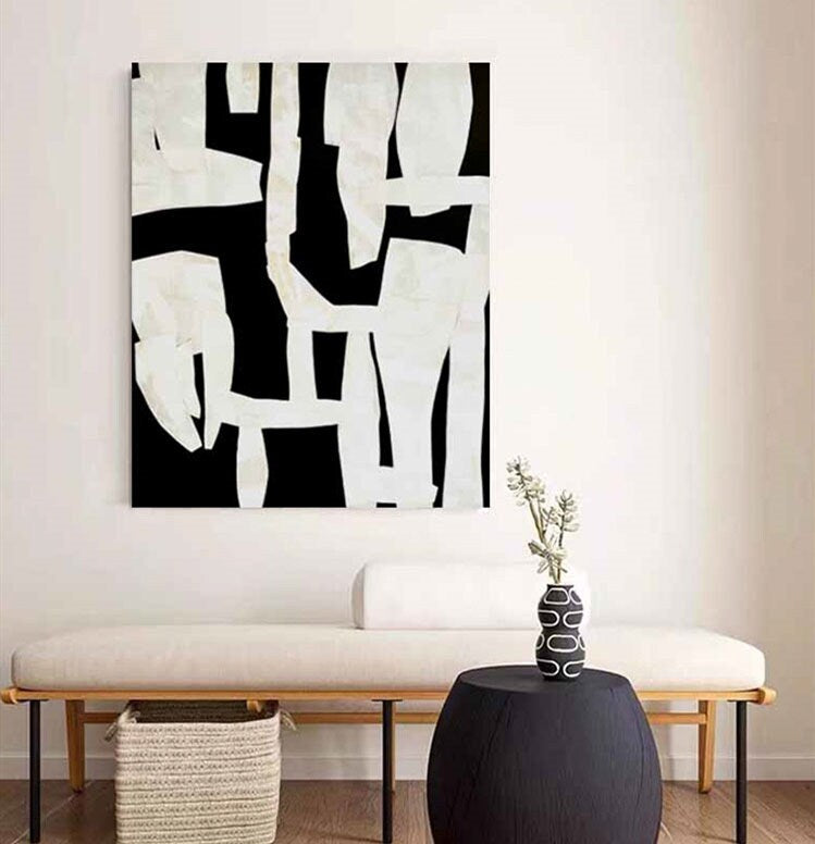 Black and White Abstract Wall Art, Framed Hand-Painted Abstract Canvas Painting, Original Art for Bedroom Living Room Office