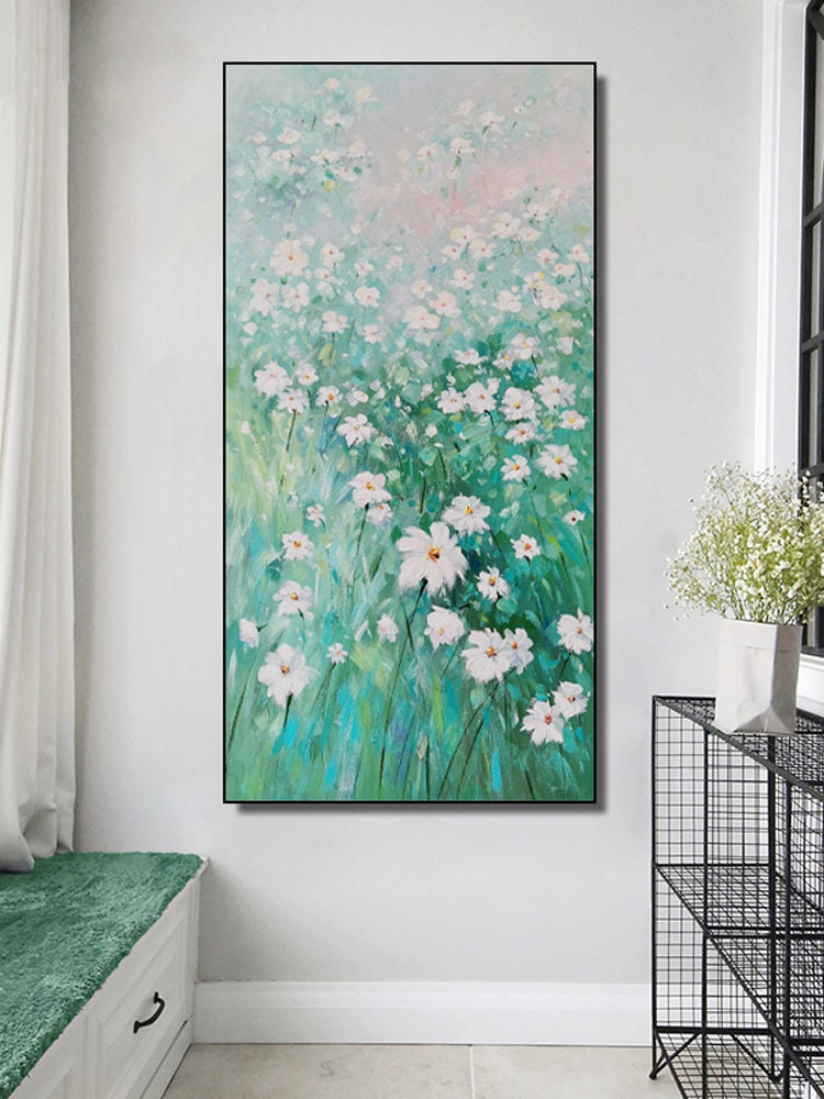 Original Green Flower Wall Art, Floral Oil Painting on Canvas, Large Flower Canvas Wall Art, Modern Abstract Flower Artwork…