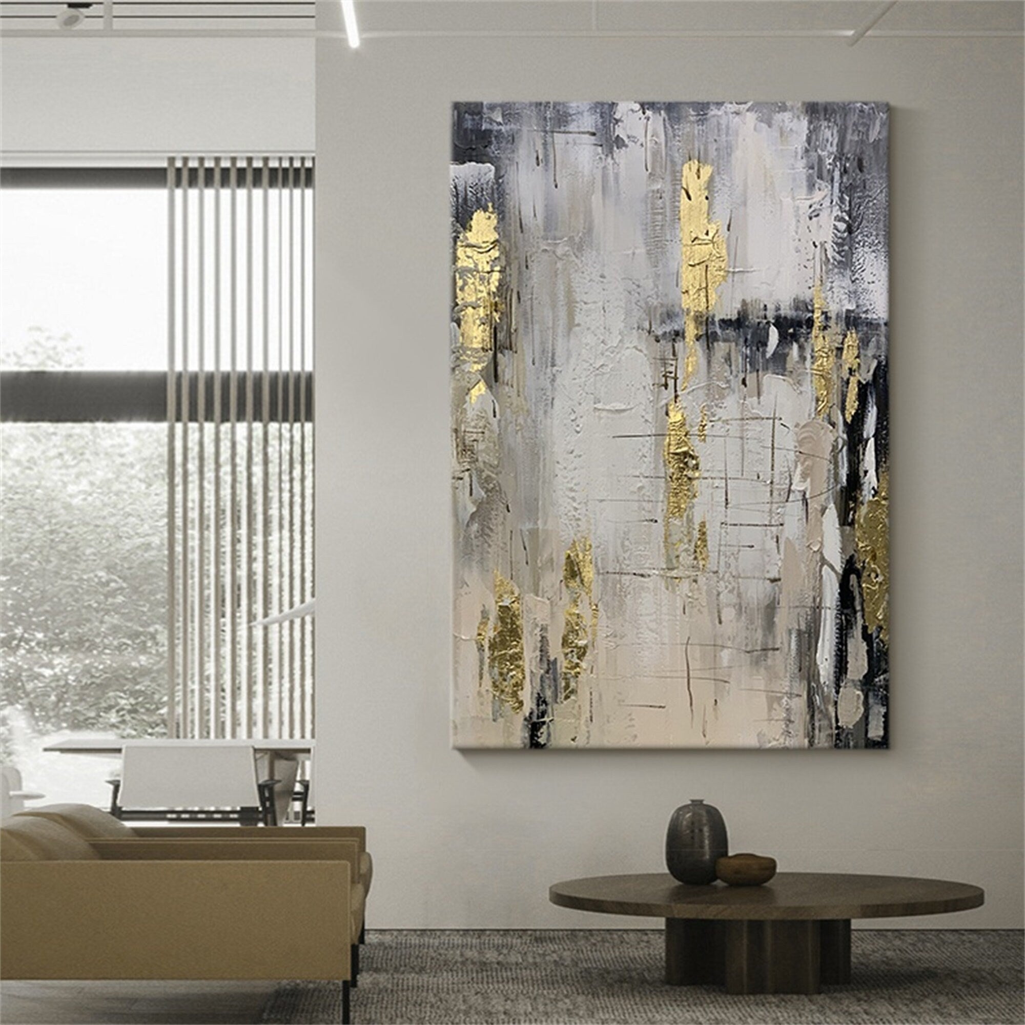 Large coarse texture black and white gold foil abstract oil painting on the canvas, primitive minimalist canvas wall art