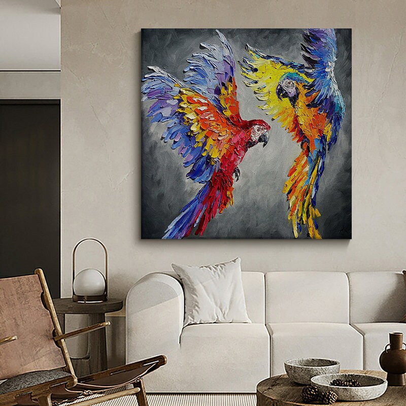 Parrot Oil Painting on Canvas, Original Parrot Artwork, Love Couple Art Bird Painting, Animal Wall Art for Bedroom