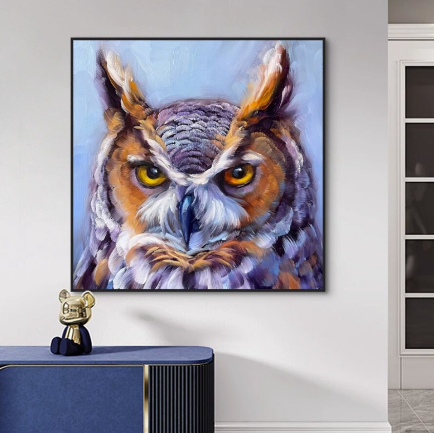 Owl Oil Painting on Canvas, Original Owl Artwork, Owl Art Bird Painting, Animal Wall Art for Bedroom