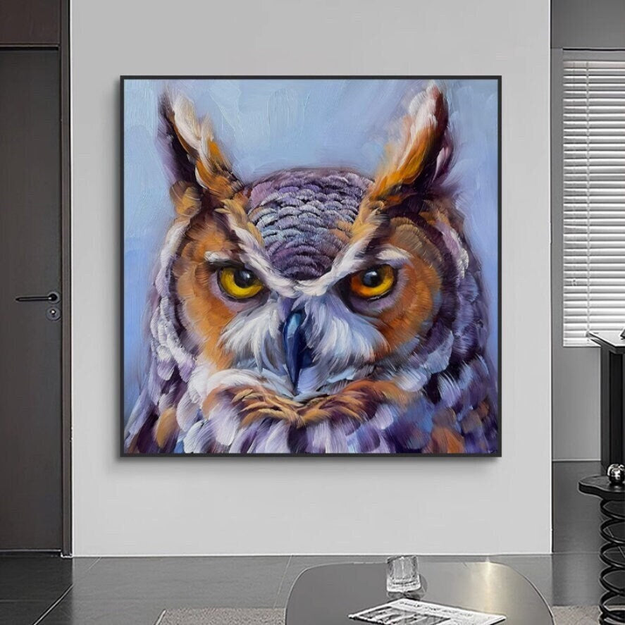 Owl Oil Painting on Canvas, Original Owl Artwork, Owl Art Bird Painting, Animal Wall Art for Bedroom