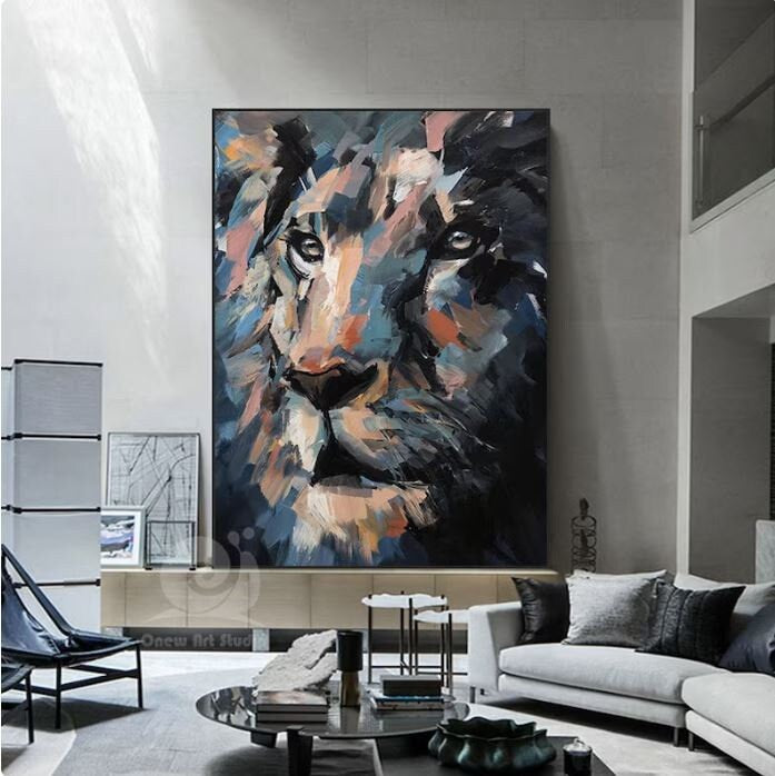 Original Lion Oil Painting on Canvas, Large Abstract Animal Canvas Wall Art, Modern Impressionist Lion Artwork for Living…