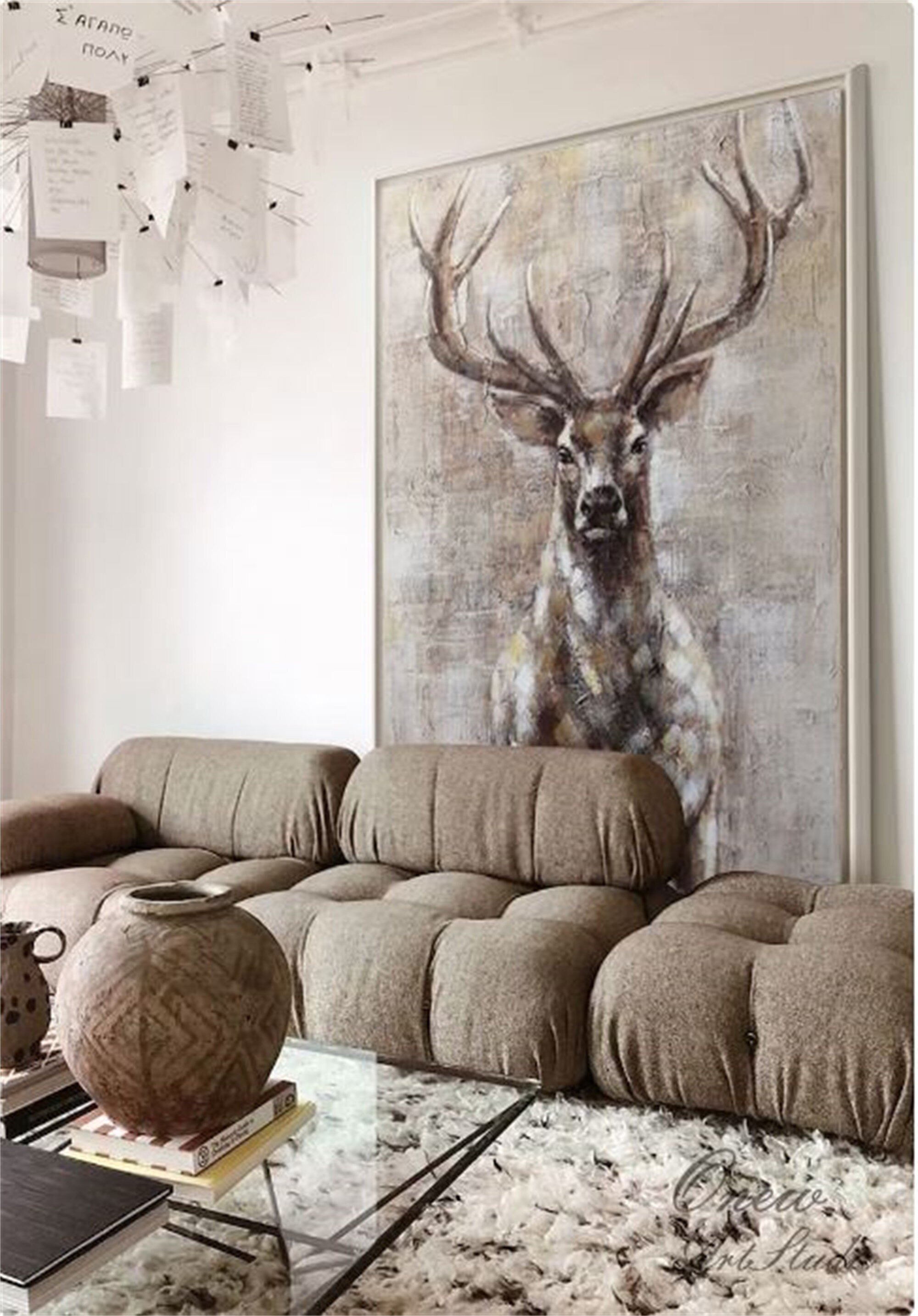 Large Abstract Deer Oil Painting on Canvas, Original and Hand-painted Stag Canvas Wall Art, Modern Animal Painting for Living…