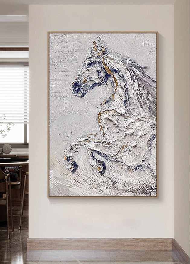 Hand-Painted Original Horse Oil Painting, Black and White Horse Canvas Art, Large Animal Painting on Canvas, Modern Horse…