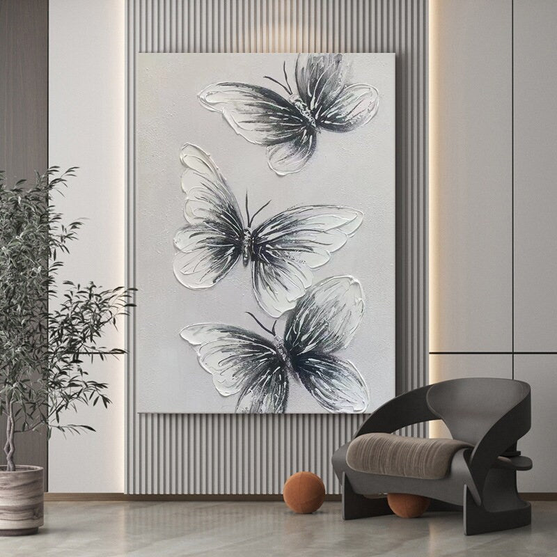 Abstract Original Butterfly Oil Painting On Canvas, Large Wall Art, Black and White Animal Painting, Living room Wall Decor
