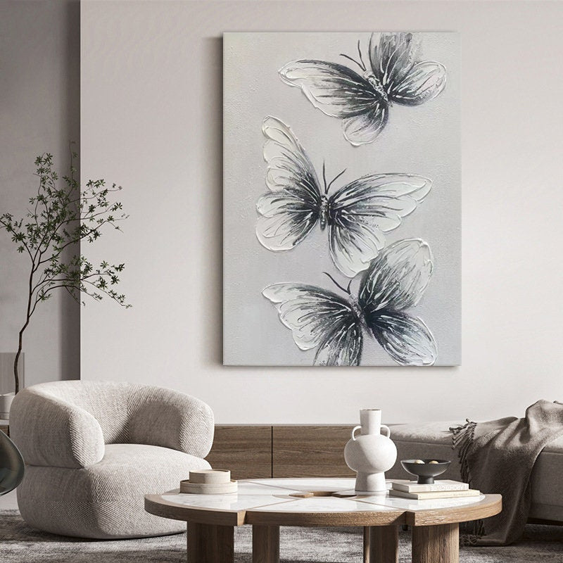 Abstract Original Butterfly Oil Painting On Canvas, Large Wall Art, Black and White Animal Painting, Living room Wall Decor