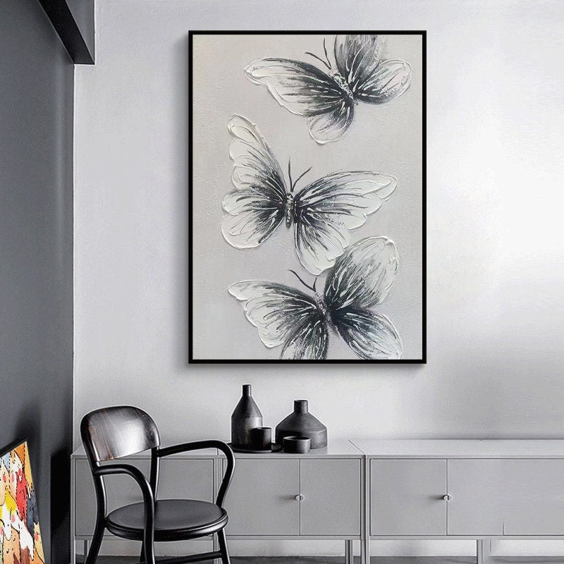 Abstract Original Butterfly Oil Painting On Canvas, Large Wall Art, Black and White Animal Painting, Living room Wall Decor