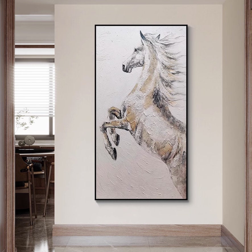 Hand-Painted Horse Oil Painting, Textured Black and White Horse Canvas Art, Large Animal Painting on Canvas, Modern Horse…