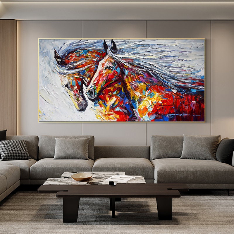 Textured Horses Oil painting on Canvas, Original Horses Canvas Wall Art, Modern Animal Painting for Living Room, Art for…