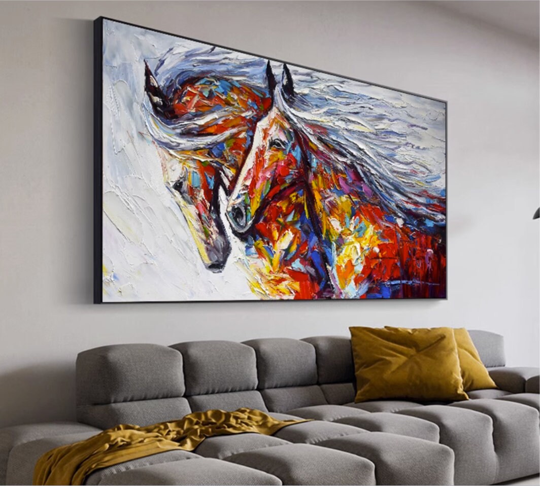Textured Horses Oil painting on Canvas, Original Horses Canvas Wall Art, Modern Animal Painting for Living Room, Art for…