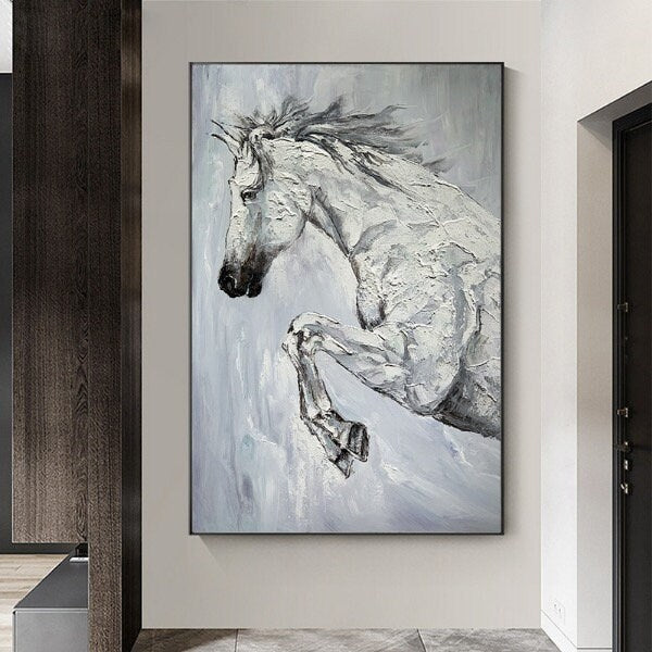 Textured Horse Oil Painting, Original Black and White Horse Canvas Art, Large Animal Painting on Canvas, Modern Horse Wall…