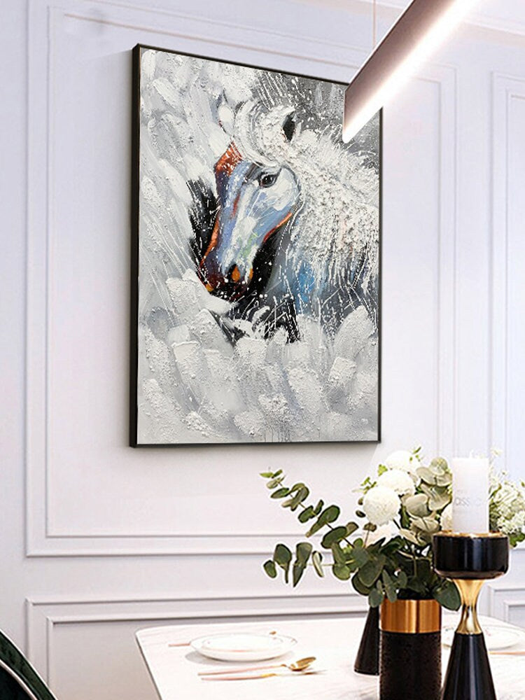 Textured Horse Oil Painting, Original Black and White Horse Canvas Art, Large Animal Painting on Canvas, Modern Horse Wall…