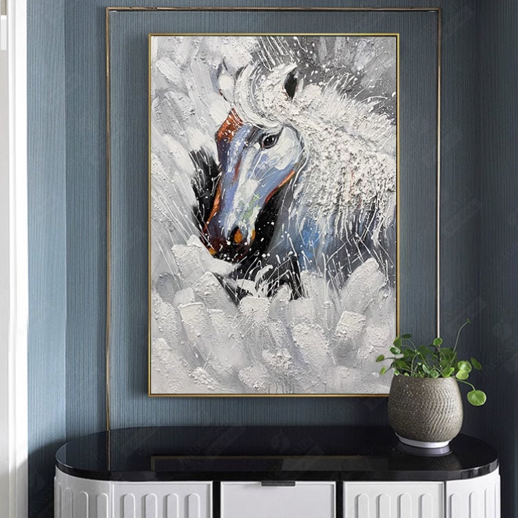 Textured Horse Oil Painting, Original Black and White Horse Canvas Art, Large Animal Painting on Canvas, Modern Horse Wall…