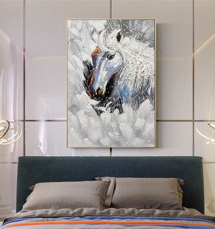 Textured Horse Oil Painting, Original Black and White Horse Canvas Art, Large Animal Painting on Canvas, Modern Horse Wall…