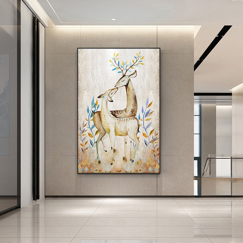 Large Abstract Deer Oil Painting on Canvas, Original and Hand-painted Stag Canvas Wall Art, Modern Animal Painting for Living…