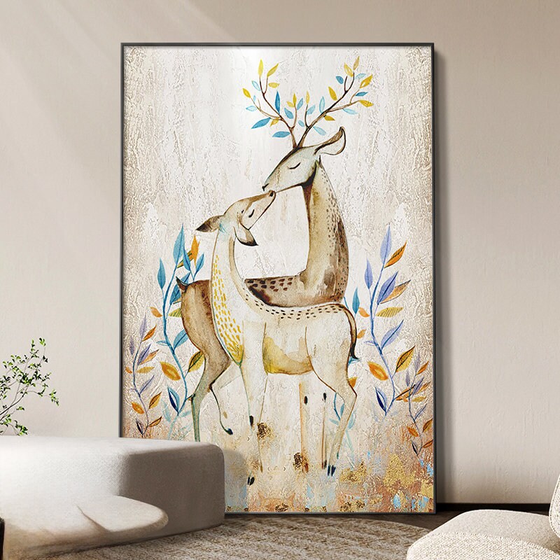 Large Abstract Deer Oil Painting on Canvas, Original and Hand-painted Stag Canvas Wall Art, Modern Animal Painting for Living…