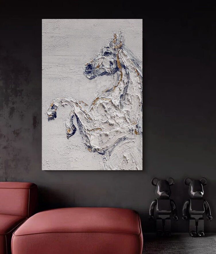 Original Textured Horse Oil Painting, Black and White Horse Canvas Art, Large Animal Painting on Canvas, Modern Horse Wall…