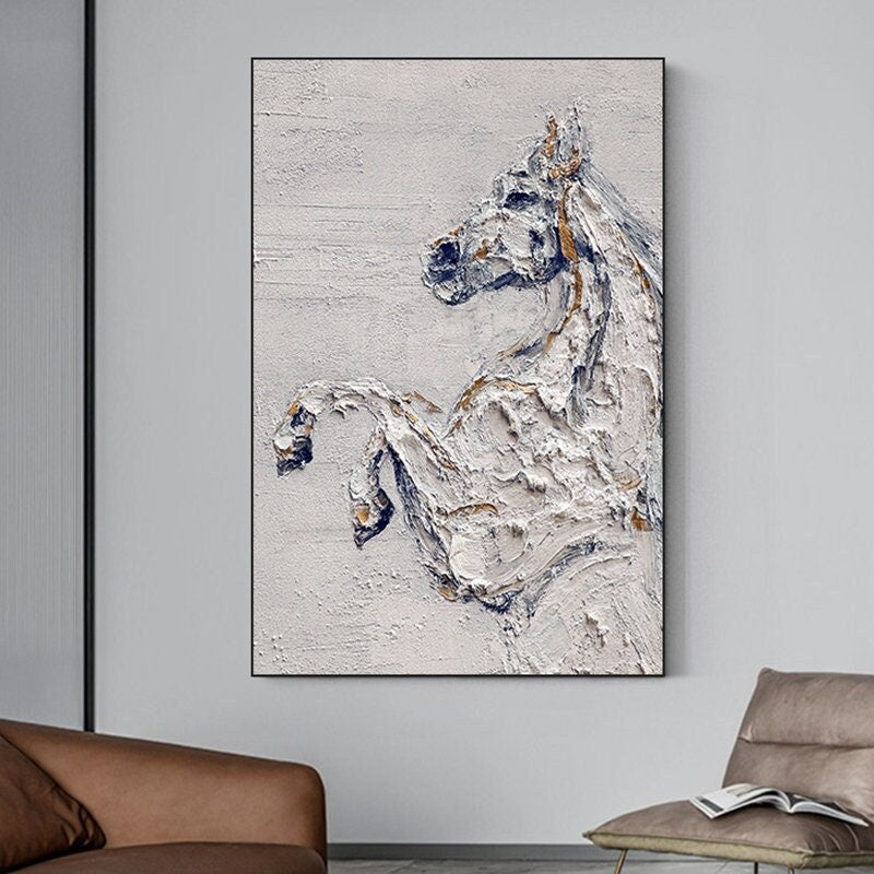 Original Textured Horse Oil Painting, Black and White Horse Canvas Art, Large Animal Painting on Canvas, Modern Horse Wall…