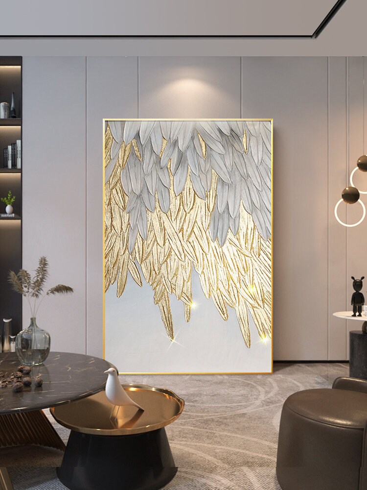 Original Feather Oil Painting on Canvas, Large Abstract Feather Wings Canvas Wall Art, Modern Minimalist Artwork for Living…