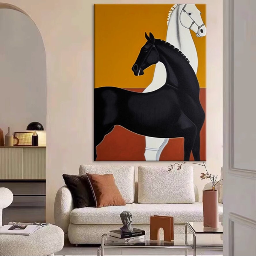 Abstract Black and White Horse Oil Painting on Canvas, Large Original Horses Canvas Wall Art, Modern Animal Wall Art for…