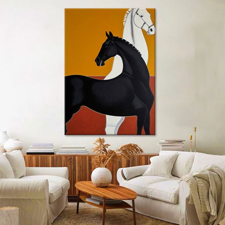 Abstract Black and White Horse Oil Painting on Canvas, Large Original Horses Canvas Wall Art, Modern Animal Wall Art for…