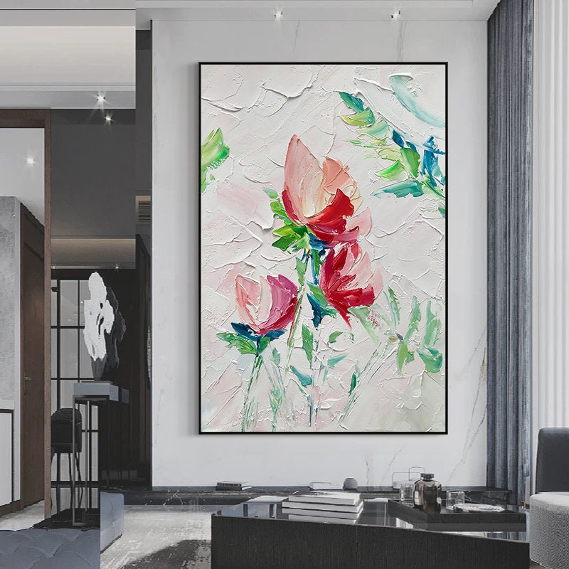 Original Floral Framed Wall Art, Flower Painting on Canvas, Abstract Flower Acrylic Painting, Large Canvas Wall Art