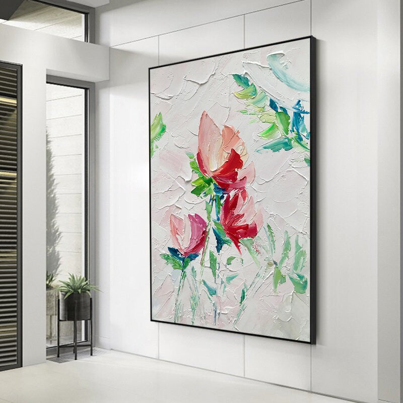 Original Floral Framed Wall Art, Flower Painting on Canvas, Abstract Flower Acrylic Painting, Large Canvas Wall Art