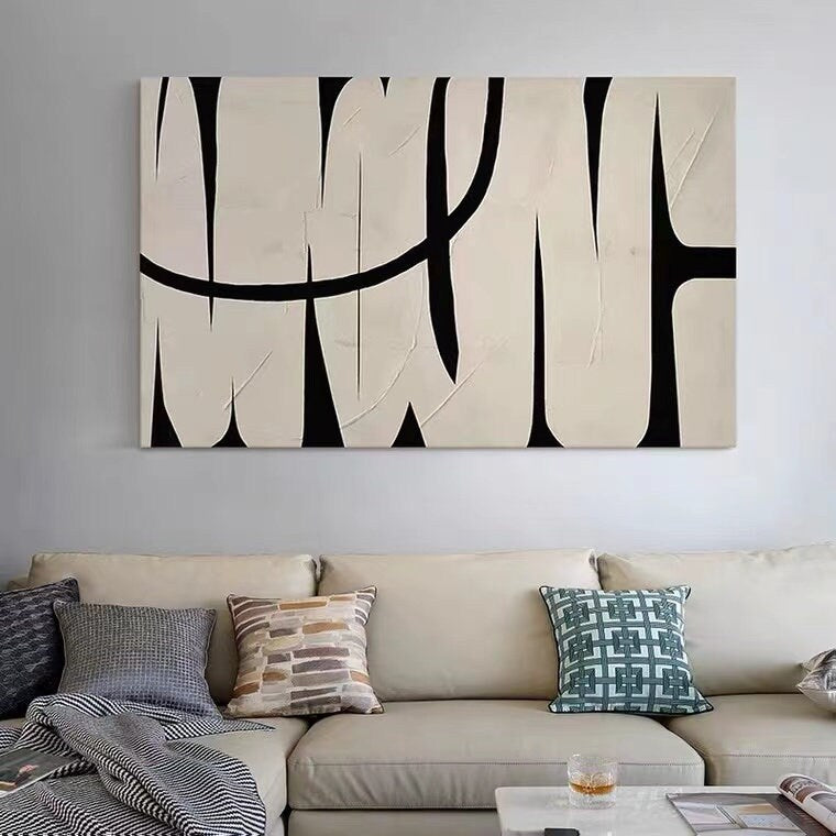 Black and White Abstract Wall Art, Framed Hand-Painted Abstract Canvas Painting, Original Art for Bedroom Living Room Office