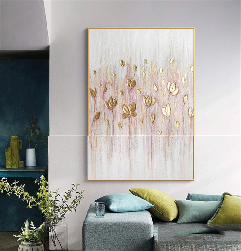 Gold Flower Wall Art, Textured Floral Painting on Canvas, Original Abstract Flower Acrylic Painting