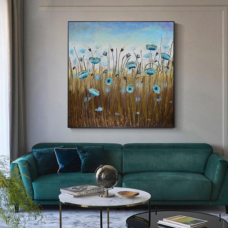 Original Floral Wall Art Painting on Canvas, Abstract Flower Oil Painting, Large Canvas Wall Art, Hand Painted Blue Flower…