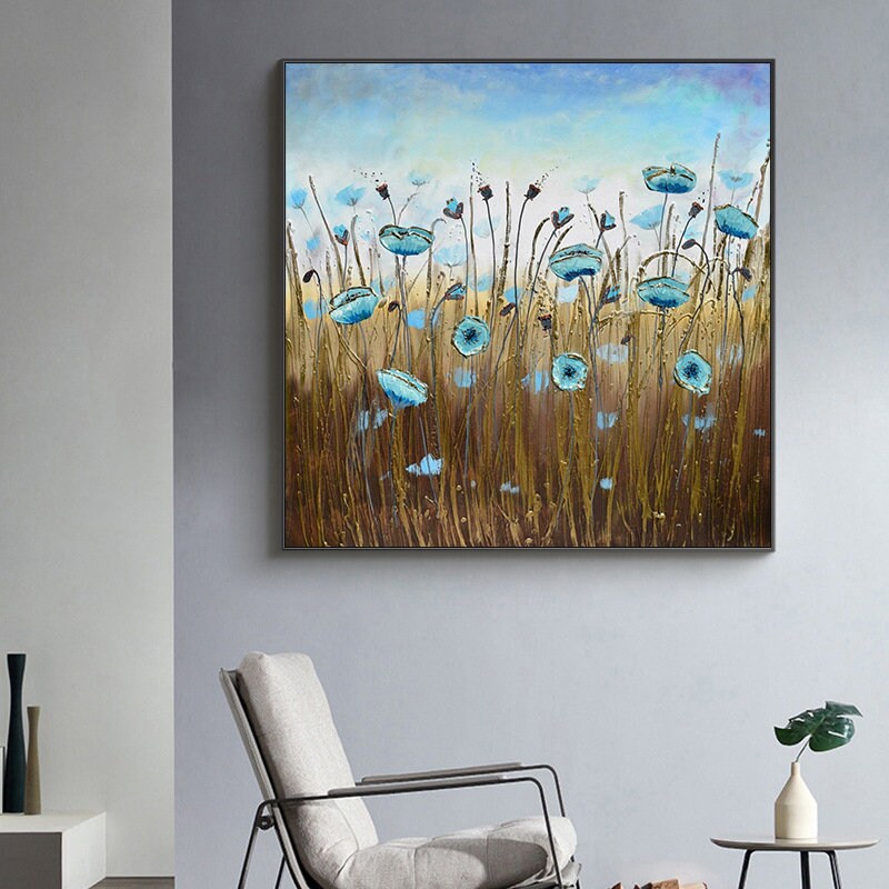 Original Floral Wall Art Painting on Canvas, Abstract Flower Oil Painting, Large Canvas Wall Art, Hand Painted Blue Flower…