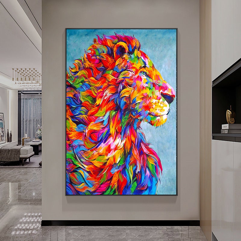 Abstract Lion Oil Painting on Canvas, Original Lion Canvas Wall Art, Modern Hand-painted Animal Wall Art for Living Room…