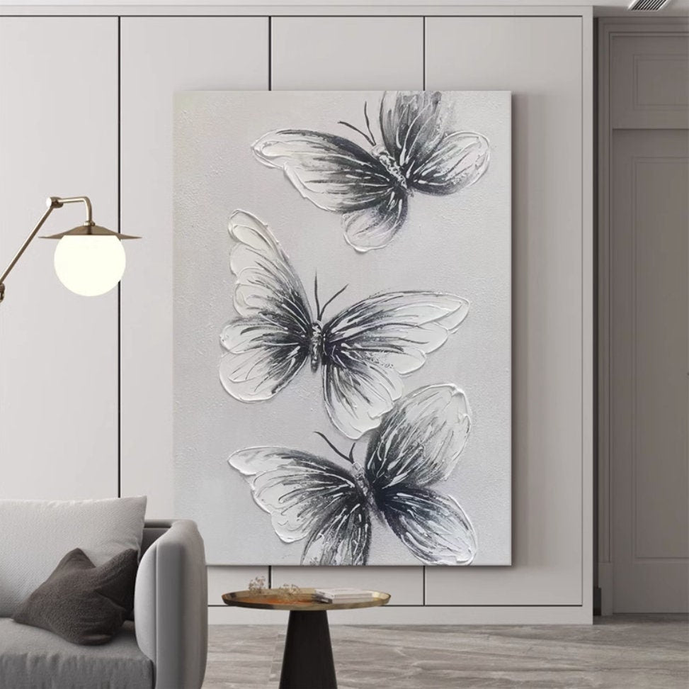 Abstract Original Butterfly Oil Painting On Canvas, Large Wall Art, Black and White Animal Painting, Living room Wall Decor