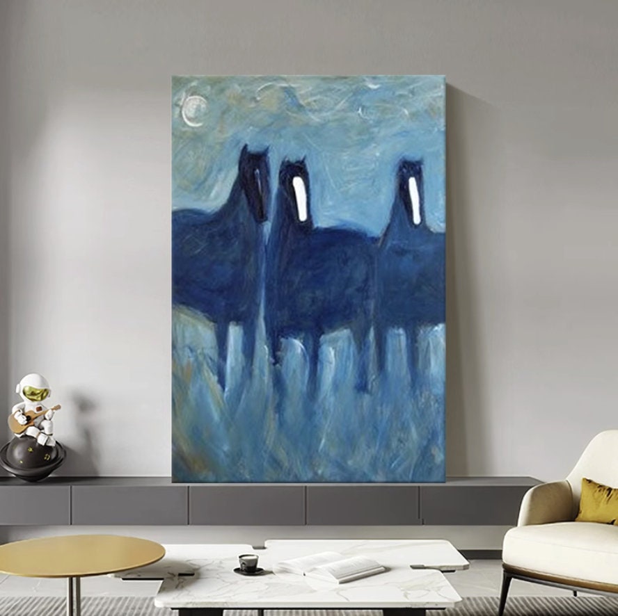 Abstract Horses Oil Painting on Canvas, Large Original Horses Canvas Wall Art, Modern Animal Painting for Living Room,…