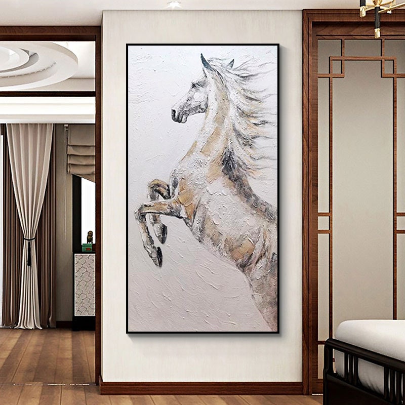 Hand-Painted Horse Oil Painting, Textured Black and White Horse Canvas Art, Large Animal Painting on Canvas, Modern Horse…
