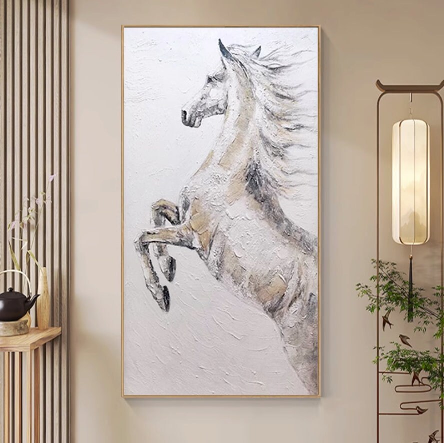 Hand-Painted Horse Oil Painting, Textured Black and White Horse Canvas Art, Large Animal Painting on Canvas, Modern Horse…