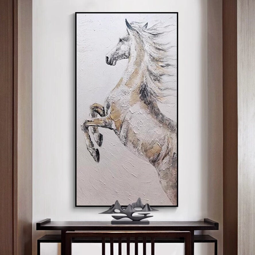 Hand-Painted Horse Oil Painting, Textured Black and White Horse Canvas Art, Large Animal Painting on Canvas, Modern Horse…